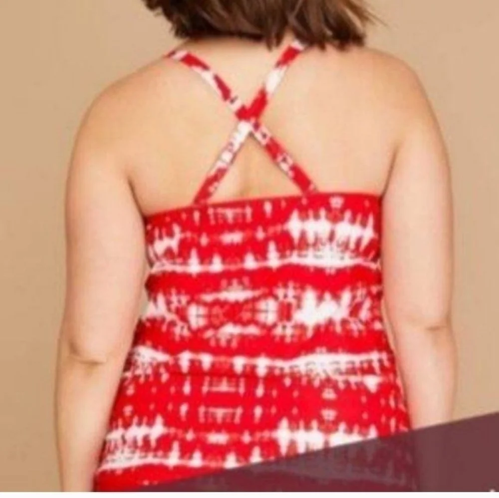 CACIQUE Tankini Top Swim Tie Dye Red White 46DD